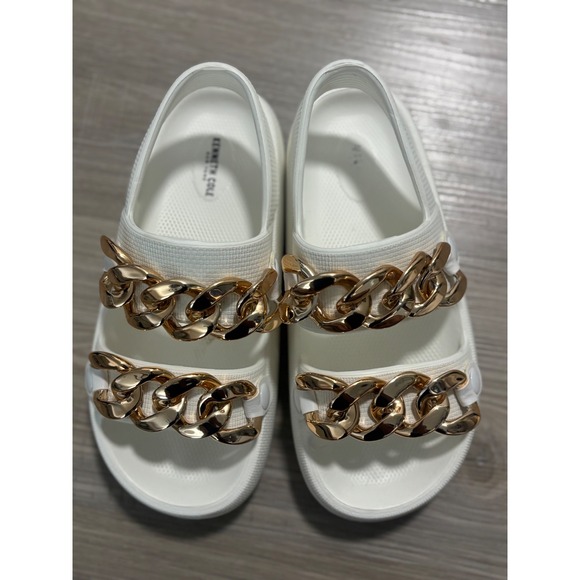 Chunky Gold Chain White Sandals Slides Slip On Summer Shoes - Picture 3 of 6